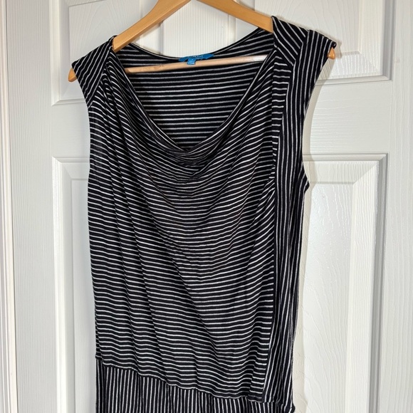Derek Lam Dress Small Linen Blend Cowl Neck Black Gray Stripe Coastal Minimalist - Picture 4 of 10